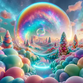 In my dream, a giant bubblegum bubble floated, shimmering under pastel skies.