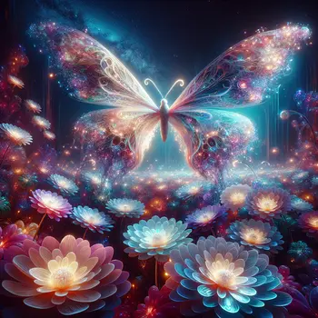 In the dream, a giant butterfly danced among glowing, magical flowers. In the dream, a giant butterfly danced among glowing, magical flowers.