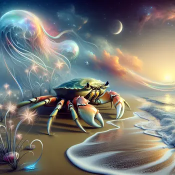 In a vivid dream, a giant crab towers over a sandy beach.