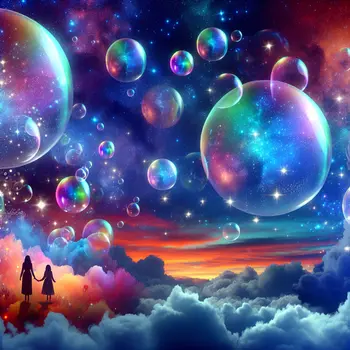 In my dream, giant floating bubbles danced through a vibrant, starry sky.