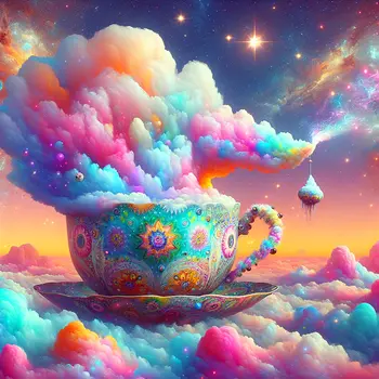 In my dream, a giant floating teacup sails through a cotton candy sky.