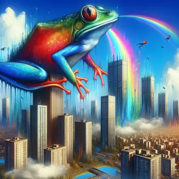 In my dream, giant frogs leaped over skyscrapers, splashing rainbows everywhere.