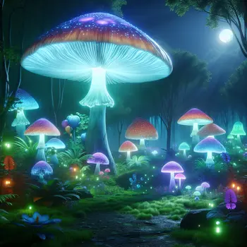 In my dream, giant glowing mushrooms illuminated a vibrant, enchanted forest landscape.