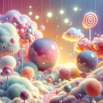 In my dream, giant gumballs floated amidst cotton candy clouds, sparkling brightly.