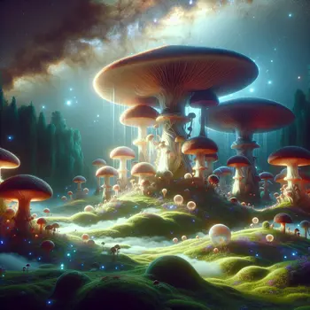 In my dream, giant mushrooms towered, glowing under a shimmering, starlit sky.