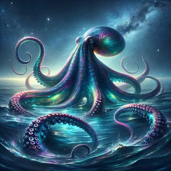 In a vivid dream, a giant octopus envelops the moonlit ocean.