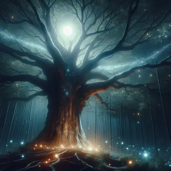 In my dream, a giant tree whispered secrets under a glowing moon.