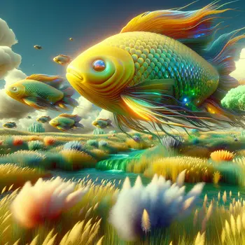 In my dream, giant yellow fish floated above, shimmering under a rainbow sky.