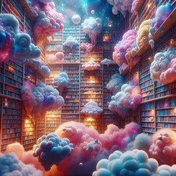 In a colorful library, dream clouds swirl around giggling books, whispering secrets.