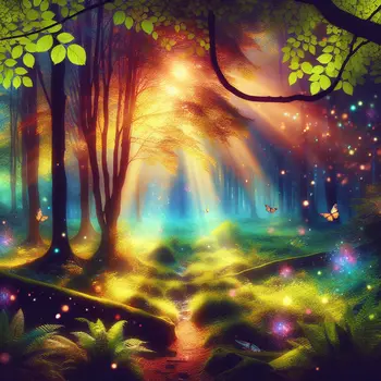 In a dream, sunlight danced through leaves in a tranquil, magical glade.