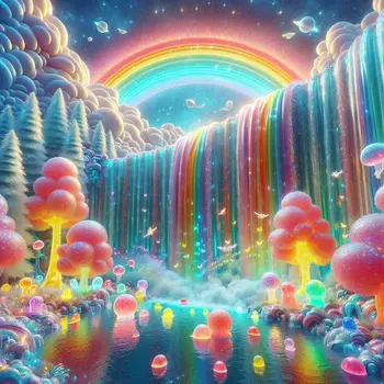 In a dream, glittering jello cascaded like waterfalls under a rainbow sky.