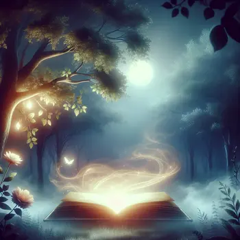In a serene forest, a glowing book floated, revealing secrets of dreams. In a serene forest, a glowing book floated, revealing secrets of dreams.