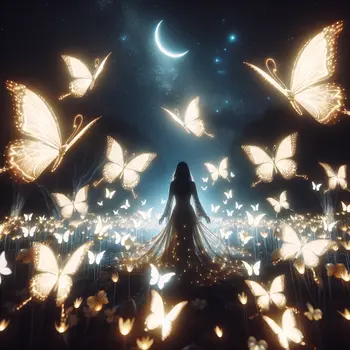 In my dream, glowing butterflies danced around me, illuminating the dark night. In my dream, glowing butterflies danced around me, illuminating the dark night.