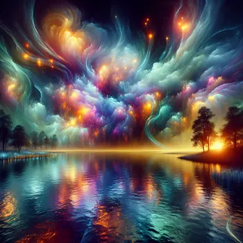 In the dream, swirling glowing colors danced around a serene, shimmering lake.