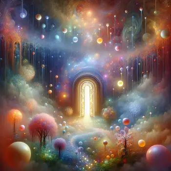 In the dream, a glowing doorway beckons, revealing vibrant worlds beyond. In the dream, a glowing doorway beckons, revealing vibrant worlds beyond.