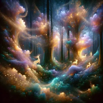 In my dream, glowing dust swirled around, illuminating a hidden enchanted forest.