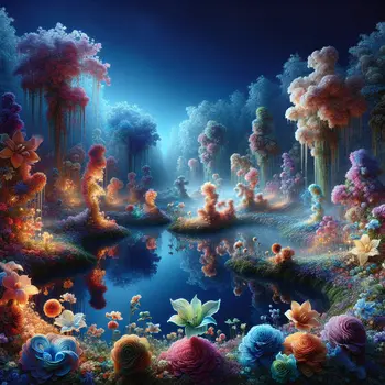 In the dream, glowing lights danced above, illuminating a swirling, ethereal garden. In the dream, glowing lights danced above, illuminating a swirling, ethereal garden.