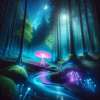 In a tranquil forest, a glowing mushroom illuminates the night sky's stars. In a tranquil forest, a glowing mushroom illuminates the night sky's stars.
