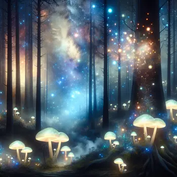 In the dream, glowing mushrooms illuminated a mystical forest under a starry sky.