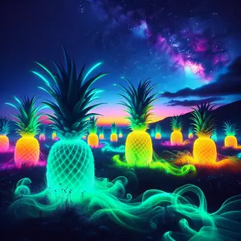 In my dream, glowing pineapples danced under starlit skies, shimmering brightly together.