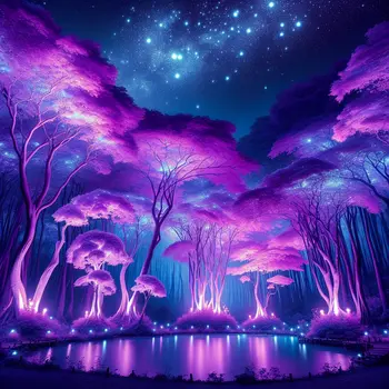 In the dream, glowing purple trees swayed gently under a starlit sky.