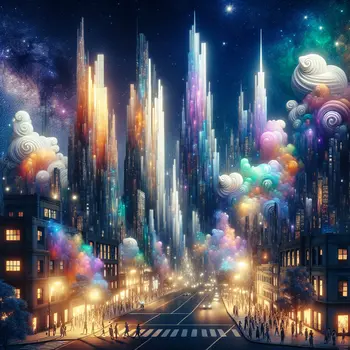 In my dream, glowing skyscrapers pierced the starlit sky, enchanting all below.