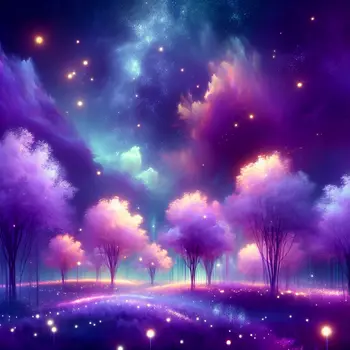 In the dream, glowing trees danced softly under a starlit lavender sky.