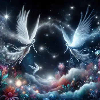 In a vibrant dream, glowing wings unfurled, illuminating the night sky beautifully.