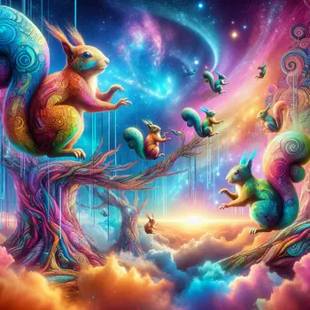 In a vibrant dream, graffiti squirrels dance joyfully under a neon sky.