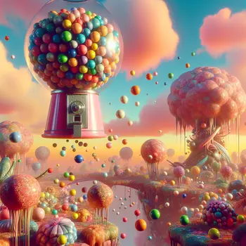 In my dream, a giant gumball machine rains colorful candy on me.