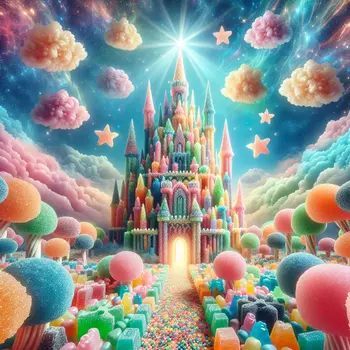 In my dream, a giant gummy bear castle sparkled under a candy sky. In my dream, a giant gummy bear castle sparkled under a candy sky.