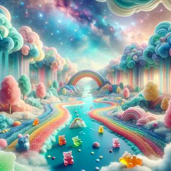 In my dream, a rainbow river of gummy flows through candy clouds. In my dream, a rainbow river of gummy flows through candy clouds.