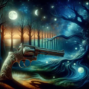 In a surreal dream, shadows danced as a lone gun glimmered ominously.