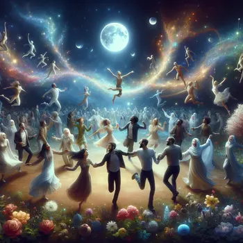 Dancing under starlit skies, laughter echoes, pure joy envelops the dream.