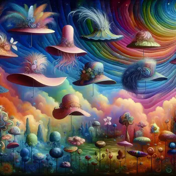 In the dream, whimsical hats danced under a vibrant, swirling rainbow sky.