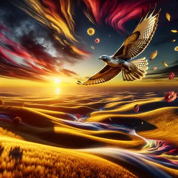 In the dream, a hawk soars above, casting shadows on golden fields.