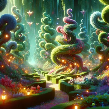 In a vibrant dream, towering hedges swirl into whimsical shapes and colors. In a vibrant dream, towering hedges swirl into whimsical shapes and colors.