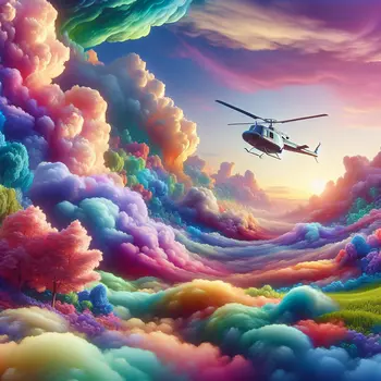 In my dream, a helicopter soared above vibrant clouds, freedom embraced my soul.