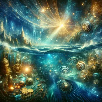 In the dream, shimmering hidden treasures glowed beneath the ancient, restless ocean waves.