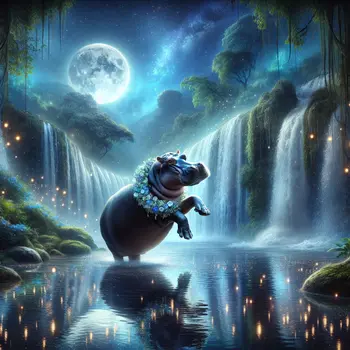 In my dream, a hippo danced gracefully under the moonlit waterfall's glow.