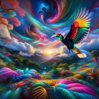 In my dream, a vibrant hornbill soared through a kaleidoscope sky.