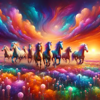 In my dream, wild horses galloped through fields under a radiant sunset.