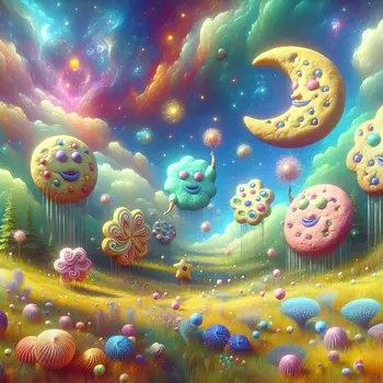 In a vibrant field, human-sized cookies danced, inviting me into their dream.