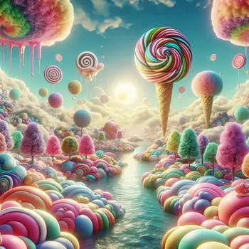 In a dream, rivers of ice cream flow under a candy sky.