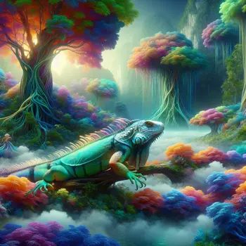 In a dream, an iridescent iguana glides through a shimmering, surreal jungle.