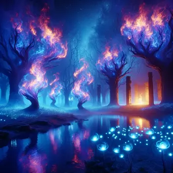 In my dream, indigo flames danced, illuminating shadows in an ancient forest.