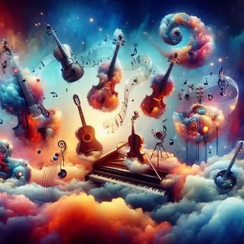 In a dream, instruments floated, playing melodies in a swirling, colorful sky.