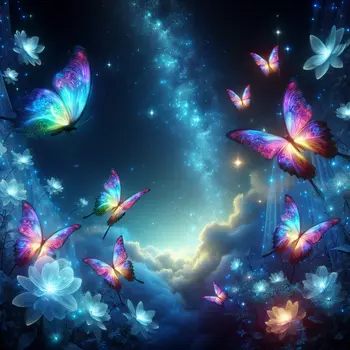 In my dream, iridescent butterflies danced under a glowing, starry sky.