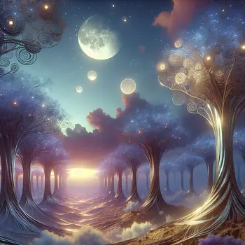 In a dream, iron trees shimmered under a glowing, surreal moonlight sky.