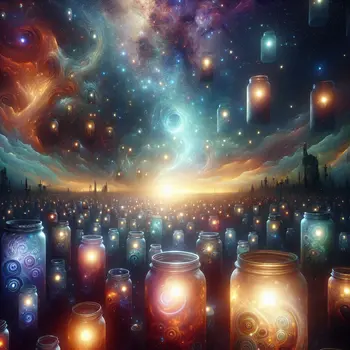 In my dream, endless jars whispered secrets under a glowing, starry sky.